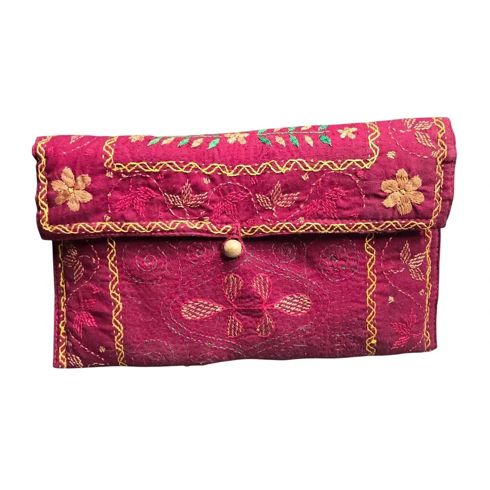 Aarong Bangladesh Hand Embroidered Nakshi Kantha Maroon Fabric Wallet Clutch
